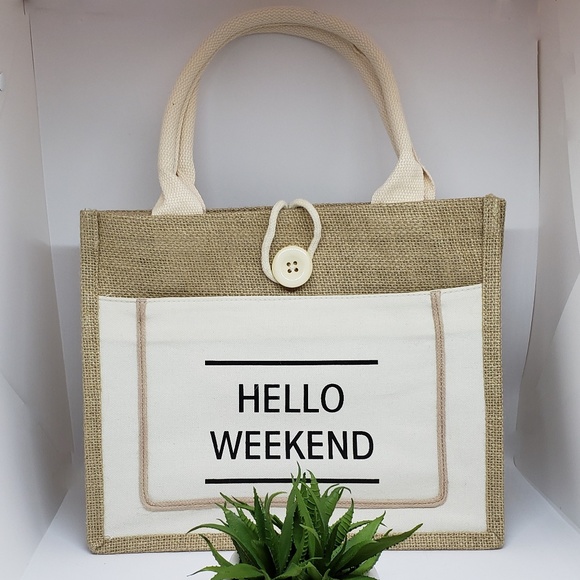 NWT HELLO WEEKEND Woven Tote, White - Picture 3 of 6